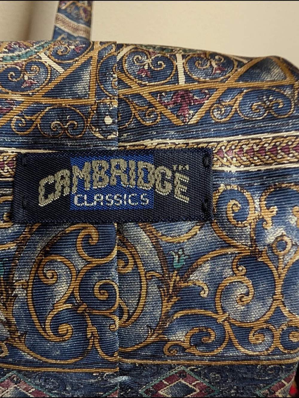 Cambridge Classics Tie‎ Navy Blue Ornate Medallion 100% Silk Vintage Wide